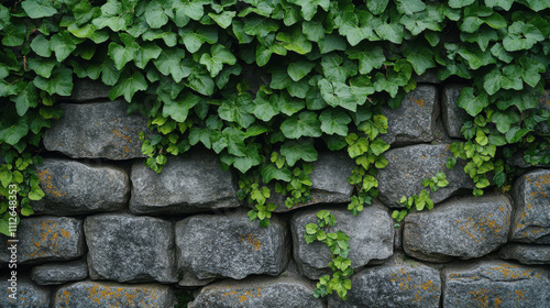 Stone wall covered in vines, cut out.