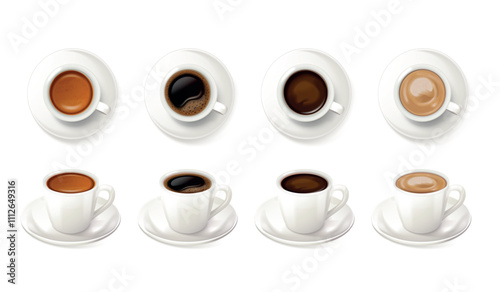 Realistic coffee mugs. Aroma morning coffe cups mock up with caffeine espresso cappuccino latte, porcelain mug hot drink top side view, 3d cafe break set exact vector illustration