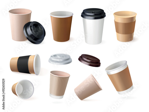Realistic coffee paper cup. Caffeine drink or tea disposable mug, cardboard cups holder hot espresso craft plastic takeaway to go package mockup template, exact vector illustration