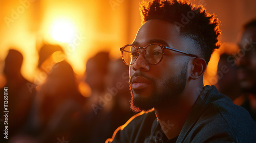 Engaged man listening intently during workshop or seminar