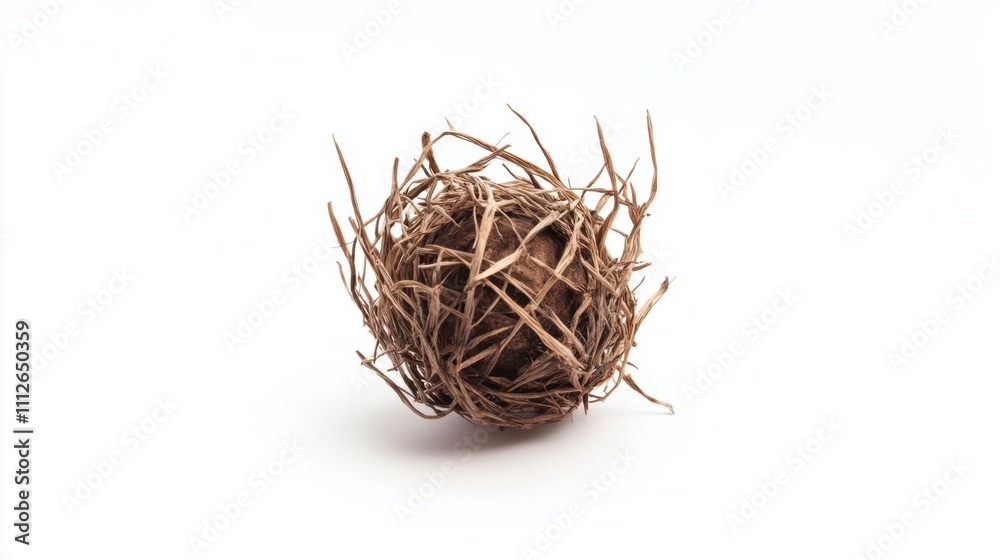 Fototapeta premium One dried tumbleweed, detailed with sharp textures, isolated on a clean white background, minimalist aesthetic