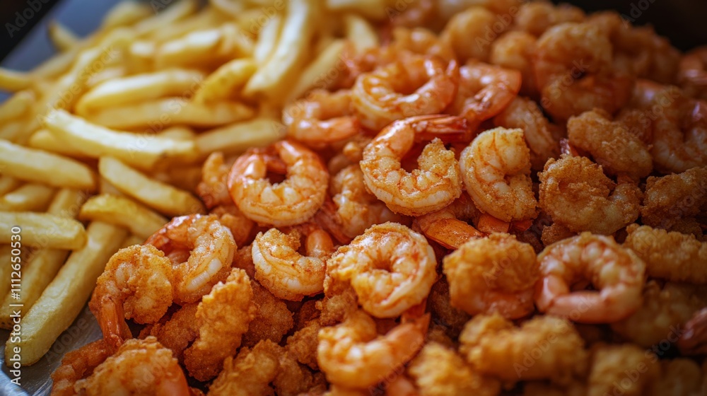Crispy Fried Shrimp with Golden Fries on Plate Crispy Fried Shrimp with Golden Fries on Plate