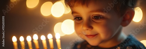 Enchanting Holiday Wonder in a Child's Eyes During Hanukkah Celebration. Hanukkah festive celebration concept photo