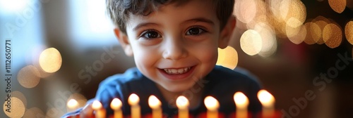 Joyful Child Celebrates Birthday with Candlelit Festivity and Warm Smiles. Hanukkah festive celebration concept photo