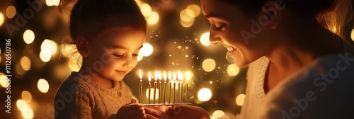 Joyful Hanukkah Celebration with Family, Glowing Menorah Lights Scene. Hanukkah festive celebration concept photo