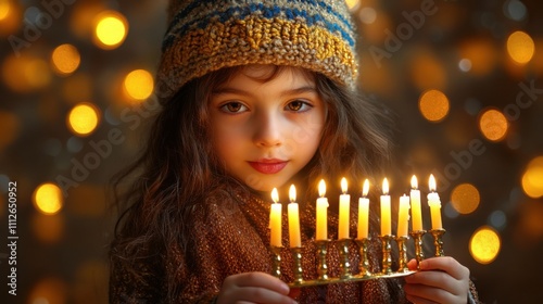 Child Celebrating Hanukkah with Menorah and Festive Glow for Holiday Cards or Posters. Hanukkah festive celebration concept photo