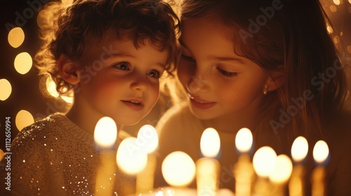 Heartwarming Holiday Moment Between Siblings During Festive Candlelit Celebration. Hanukkah festive celebration concept photo