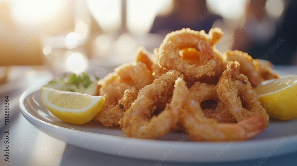 Crispy Fried Shrimp with Lemon Wedges on Plate Crispy Fried Shrimp with Lemon Wedges on Plate