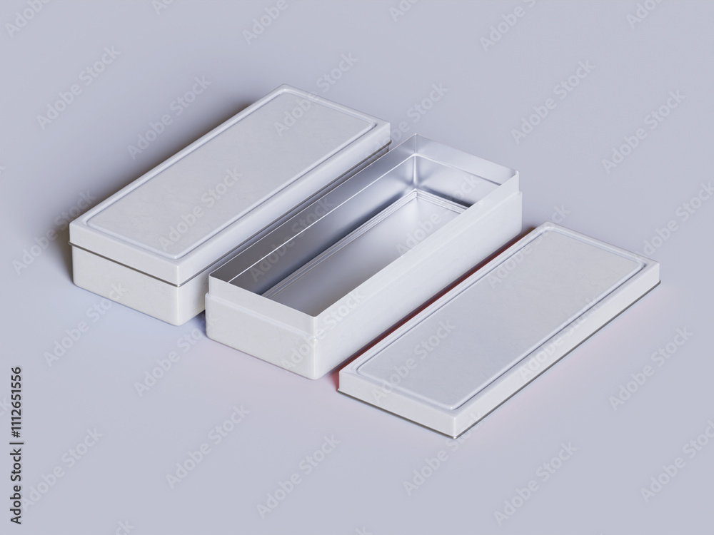 Tea tin square packaging white color on gray background Tea tin square packaging white color on gray background