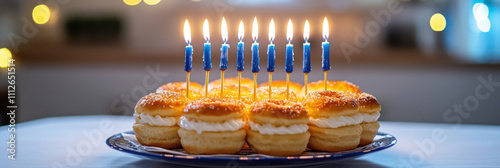 Festive Birthday Celebration with Lit Candles on Cream-Filled Donuts. Hanukkah festive celebration concept photo