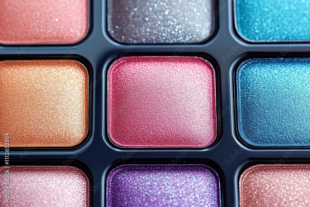 Fototapeta premium makeup palette displayed under soft lighting, featuring an array of shimmer and matte shades