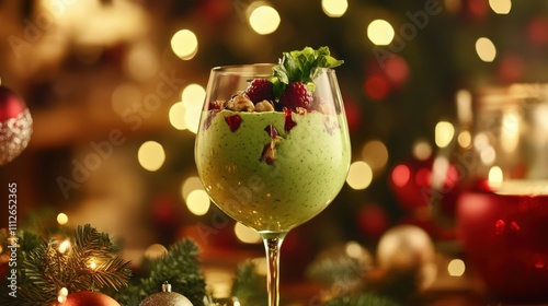 Festive Holiday Green Drink with Christmas Lights. Non-alcoholic month. Dry January is public health campaign