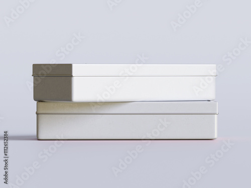 Tea tin square packaging white color on gray background