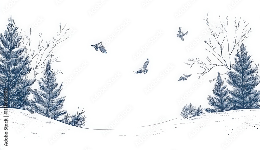 Fototapeta premium Happy New Year, winter landscape with spruce trees and flying birds on a white background. New Year card design, Russian winter. snowflakes falling from the sky and tall fir trees. 