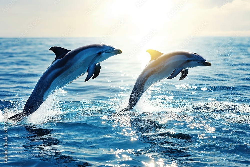 Fototapeta premium Two dolphins leaping from ocean at sunset, joyful and dynamic scene.