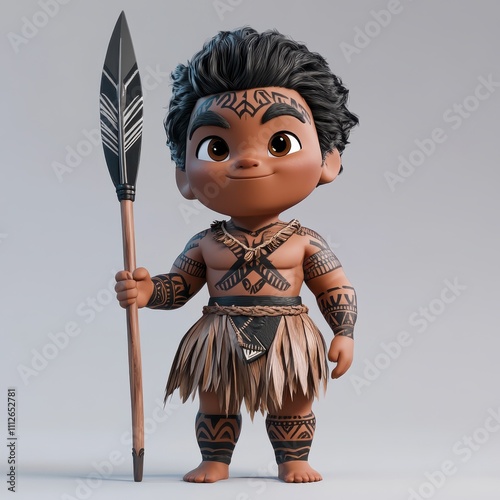 Cute cartoon character with spear and tribal attire.