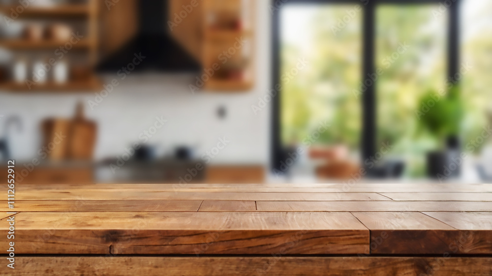 empty beautiful wood table top and blue bokeh modern kitchen interior background in clean and bright empty beautiful wood table top and blue bokeh modern kitchen interior background in clean and bright