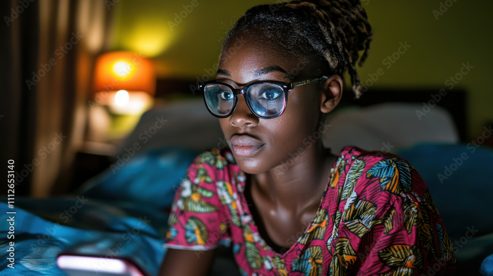 Young woman using smartphone in bed, focused and engaged at night