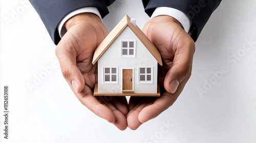 Male hands holding small model of house on white background with copy space. Real estate agent representing home ownership and real estate business. Concept of insurance, housewarming, construction