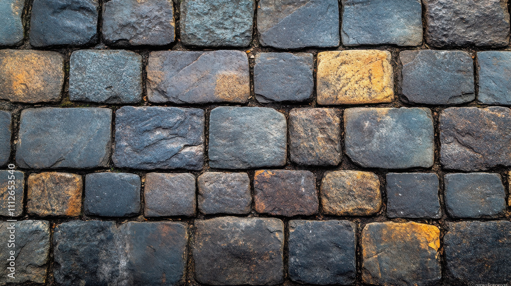 Obraz premium Top down view of tiny uniform gray pavers from roman road, staggered.