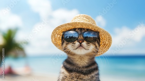 Stylish cat with a straw hat, blurry beach backdrop and sunny summer vibes, perfect for holiday themes photo