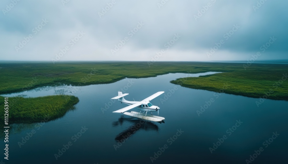 Naklejka premium Aerial View of a Seaplane Landing on a Calm Waterbody Surrounded by Lush Green Marshlands in a Misty Landscape