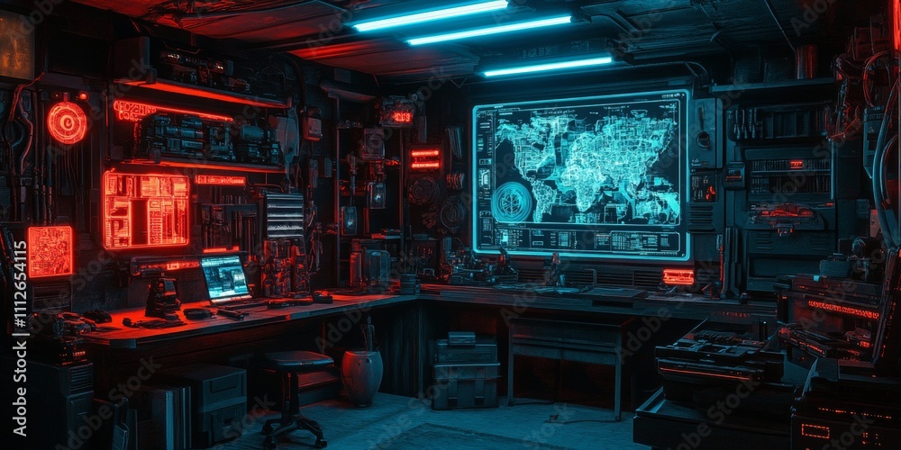 Futuristic Bounty Hunter's Lair, a high-tech hideout with glowing holographic maps, advanced weaponry, and a sleek, modern design. Futuristic Bounty Hunter's Lair, a high-tech hideout with glowing holographic maps, advanced weaponry, and a sleek, modern design.