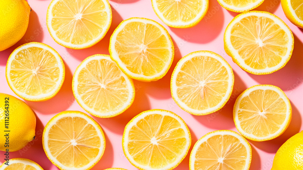 Photograph of separated lemons on a pink background, creating a pattern in a flat lay composition. High-resolution photography. Photograph of separated lemons on a pink background, creating a pattern in a flat lay composition. High-resolution photography.