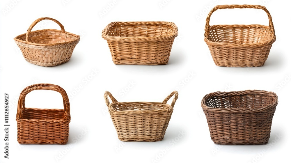 Intricately crafted wicker baskets displayed artistically against a crisp white backdrop Intricately crafted wicker baskets displayed artistically against a crisp white backdrop