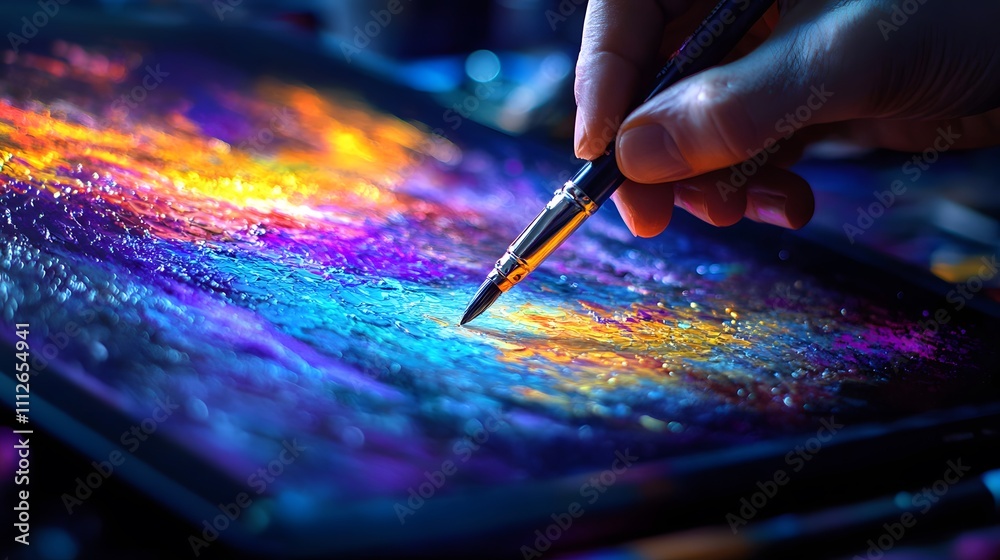Vibrant hues dance on a digital canvas, a hand gracefully guiding the brush, creating a mesmerizing masterpiece. Vibrant hues dance on a digital canvas, a hand gracefully guiding the brush, creating a mesmerizing masterpiece.
