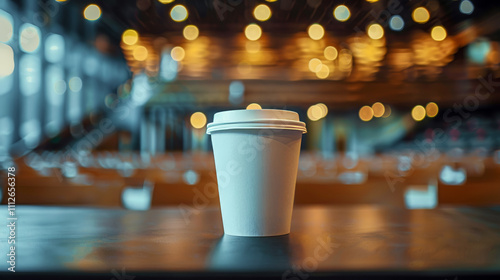 On table in a spacious conference room, a mock-up coffee cup sits waiting for attendees. The ambient lights create a warm, inviting atmosphere before the event begins. Copy space photo