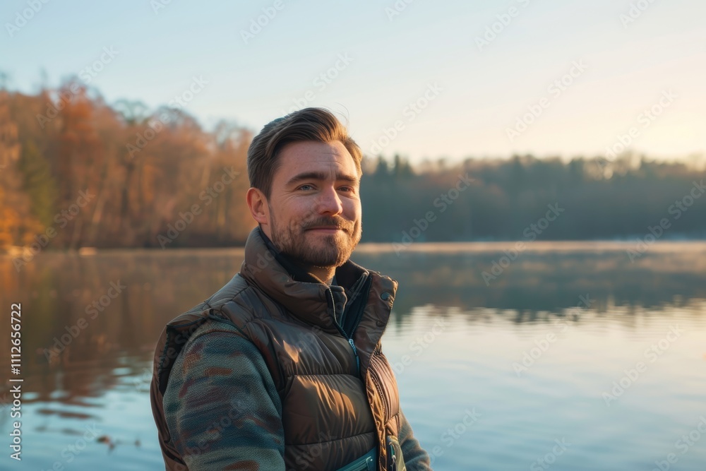 Fototapeta premium Portrait of a blissful caucasian man in his 30s dressed in a thermal insulation vest isolated on serene lakeside view