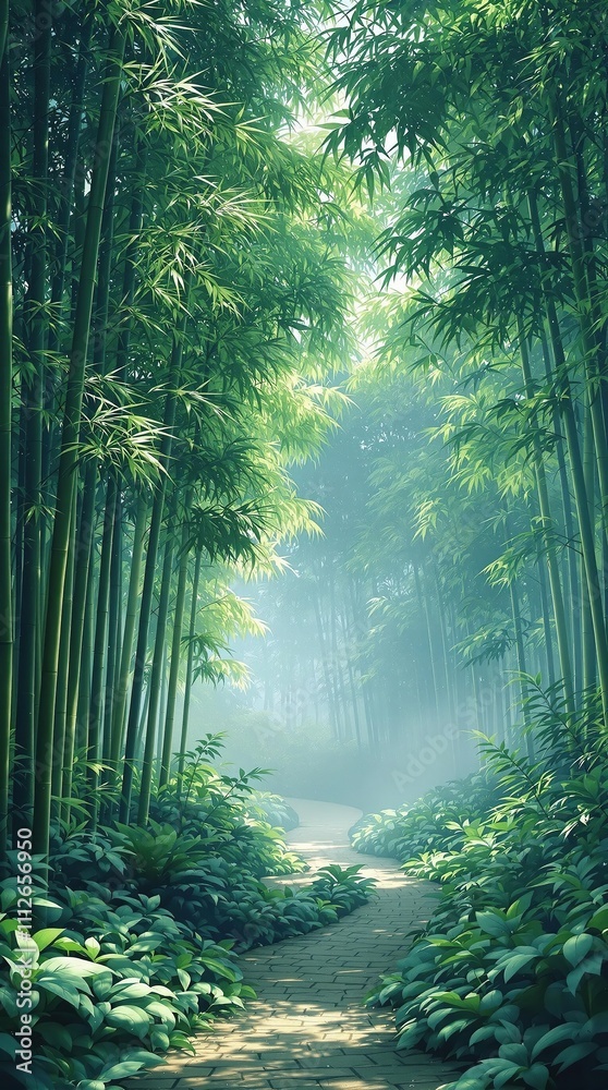 Fototapeta premium Bamboo forest landscape in shades of green and blue, bamboo, green, serene, blue, watercolor