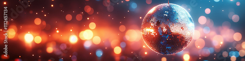 A disco ball with colorful lights and party background. 