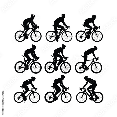 Cyclist Riding Bicycle Silhouett set Clipart on a white Background