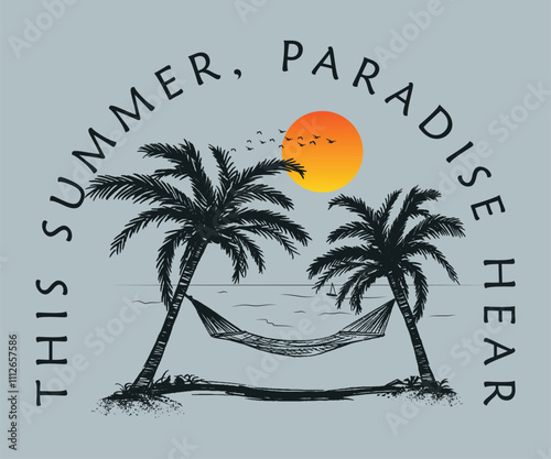 summer t shirt. This summer, paradise hear, summer paradise t shirt, summer beach sunshine vector print design artwork, Beach Paradise Print T-shirt Graphics Design, typography slogan on palm trees.