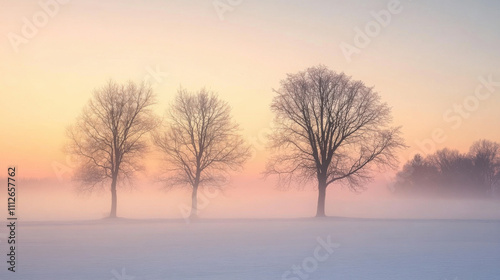 A foggy winter landscape with the silhouettes of bare trees creating a simple and atmospheric scene