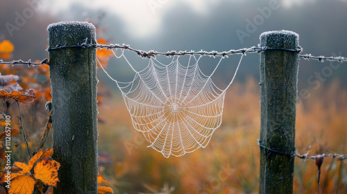 A frosted cobweb hanging delicately between two fence posts, with a blurred gray background photo