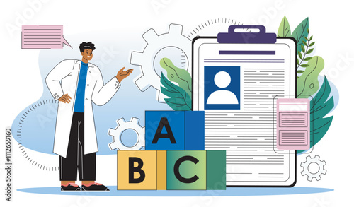 Speech therapist online. Man in medical uniform near cubes with letters. Education, training and learning. Pedagogy and speech therapy. Flat vector illustration