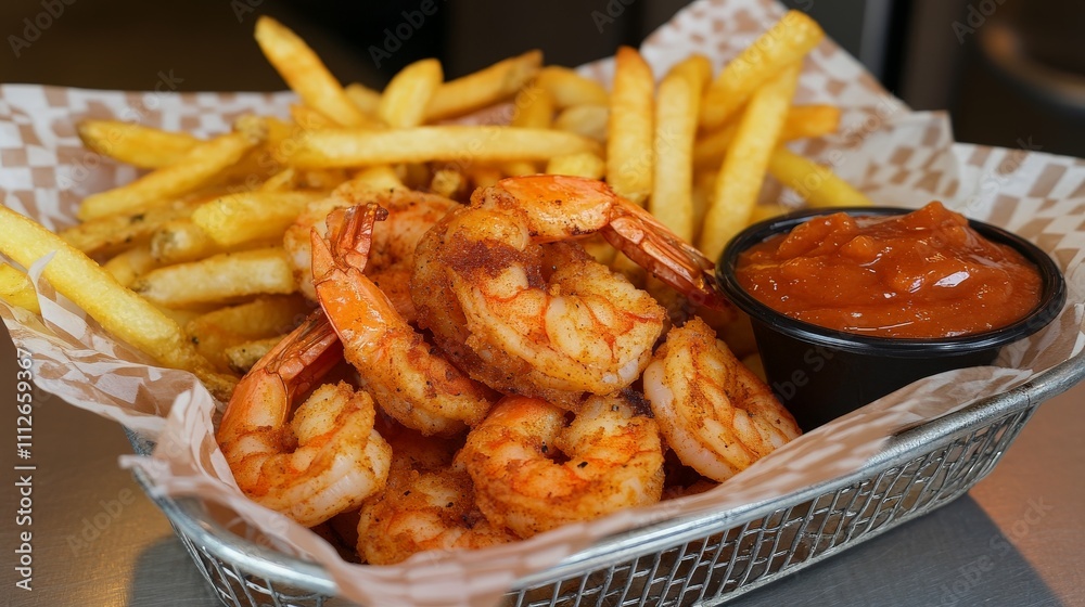 Fried Shrimp with Cocktail Sauce and Fries on Plate Fried Shrimp with Cocktail Sauce and Fries on Plate