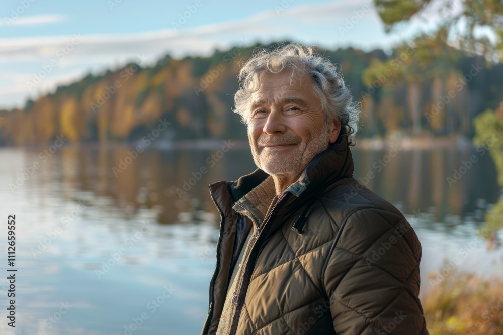 Portrait of a satisfied man in his 50s sporting a quilted insulated jacket in front of serene lakeside view Portrait of a satisfied man in his 50s sporting a quilted insulated jacket in front of serene lakeside view
