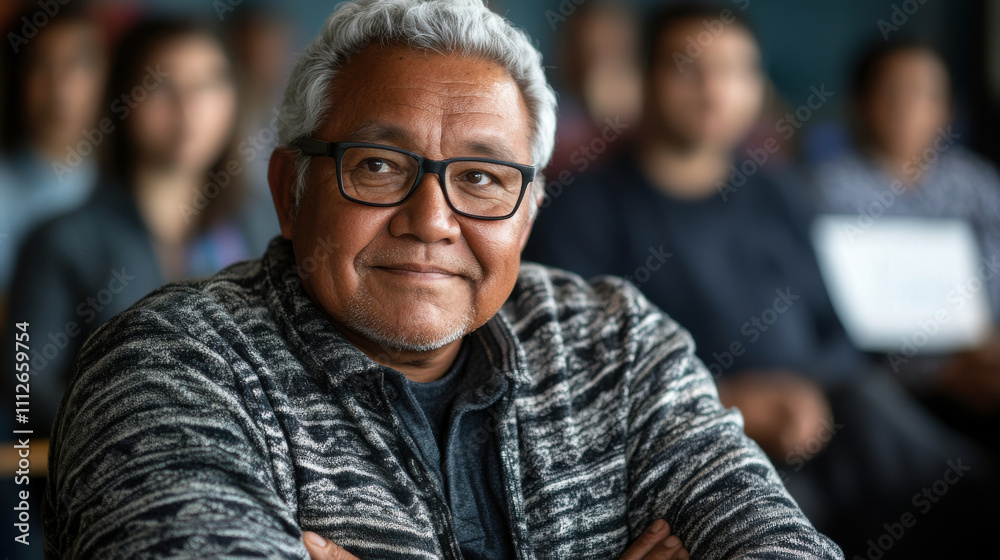 Educator with glasses smiling warmly at cultural event gathering Educator with glasses smiling warmly at cultural event gathering