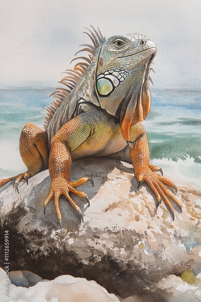 Fototapeta premium Colorful iguana on rock with ocean backdrop, details in scales and skin.