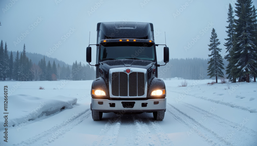 Freight truck navigating snowy road amidst serene winter forest landscape at dawn Freight truck navigating snowy road amidst serene winter forest landscape at dawn