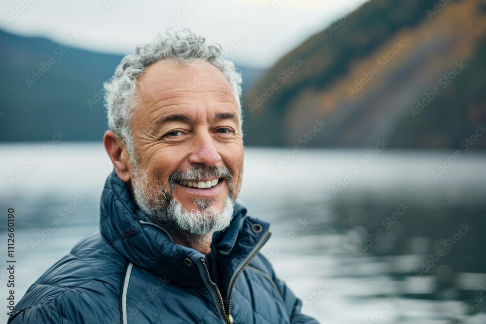 Portrait of a satisfied man in his 50s sporting a quilted insulated jacket in front of serene lakeside view Portrait of a satisfied man in his 50s sporting a quilted insulated jacket in front of serene lakeside view