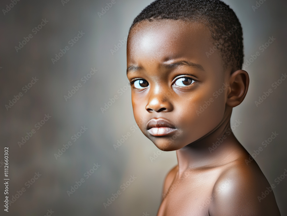 A young black boy stands quietly with a serious expression, his captivating eyes drawing attention. The soft lighting highlights his features, creating a warm atmosphere. Generative AI A young black boy stands quietly with a serious expression, his captivating eyes drawing attention. The soft lighting highlights his features, creating a warm atmosphere. Generative AI