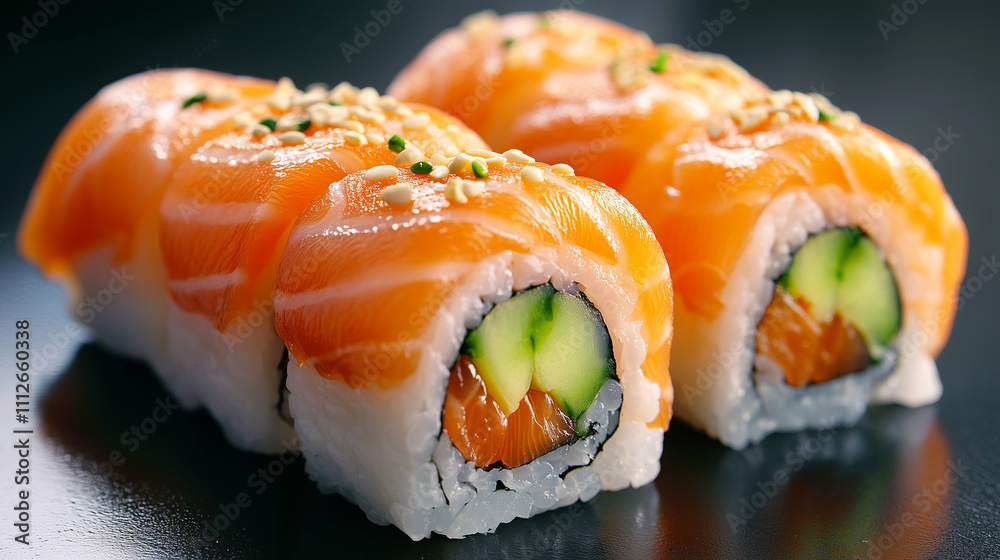 Fresh salmon sushi rolls with avocado, cucumber, and sesame seeds on a dark background Fresh salmon sushi rolls with avocado, cucumber, and sesame seeds on a dark background