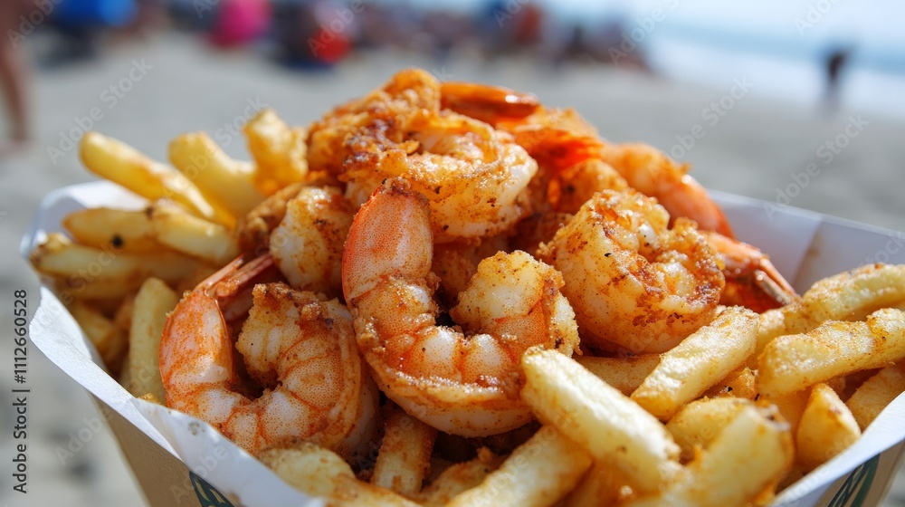 Fried Shrimp with Fries on the Beach Picnic Table Fried Shrimp with Fries on the Beach Picnic Table
