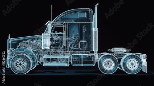 A detailed wireframe representation of a truck is displayed, highlighting its structure and internal components. Generative AI