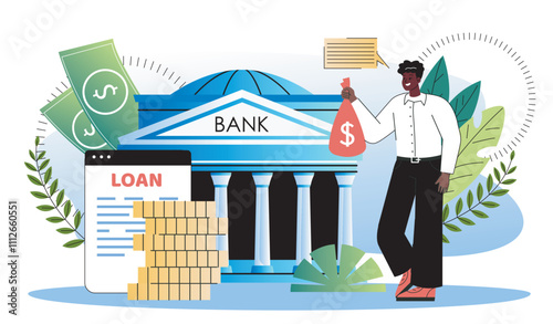 Student loan payments. Man with bag of money near bank building. Credit for education and learning. Investments in graduation. Flat vector illustration
